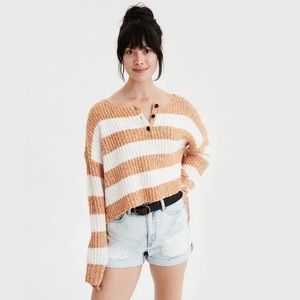 AE Boxy Cropped Henley Sweater in Mustard Stripe